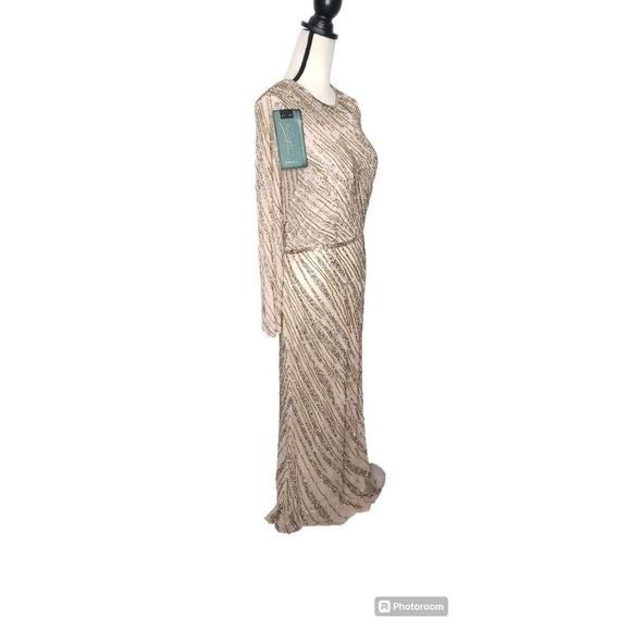 Mac Duggal Long Sleeve Beaded Column Evening Gown Embellished Size 12 Mocha 5240 - Picture 5 of 16